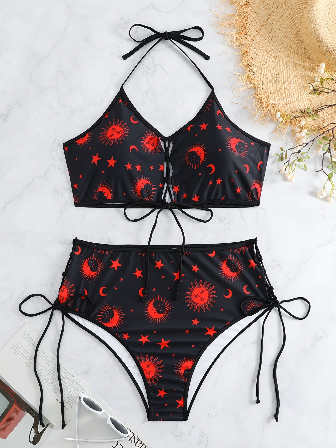  Gothic Bikini Set Sun & Moon Print Lace Up Halter Bra & Panty Swimsuit