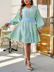  Stripe Print Lantern Sleeve Dress