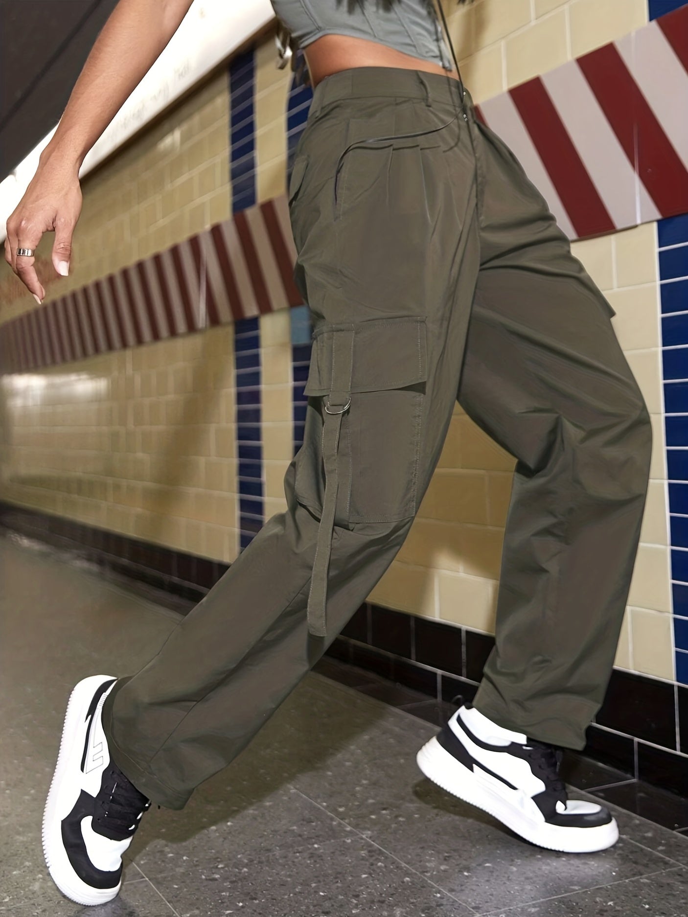 Women's Plus Solid Button Fly Cargo Trousers