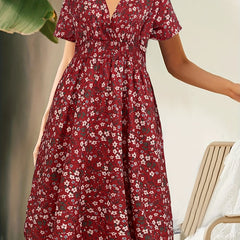  Ditsy Print Short Sleeve Surplice Neck Midi Dress