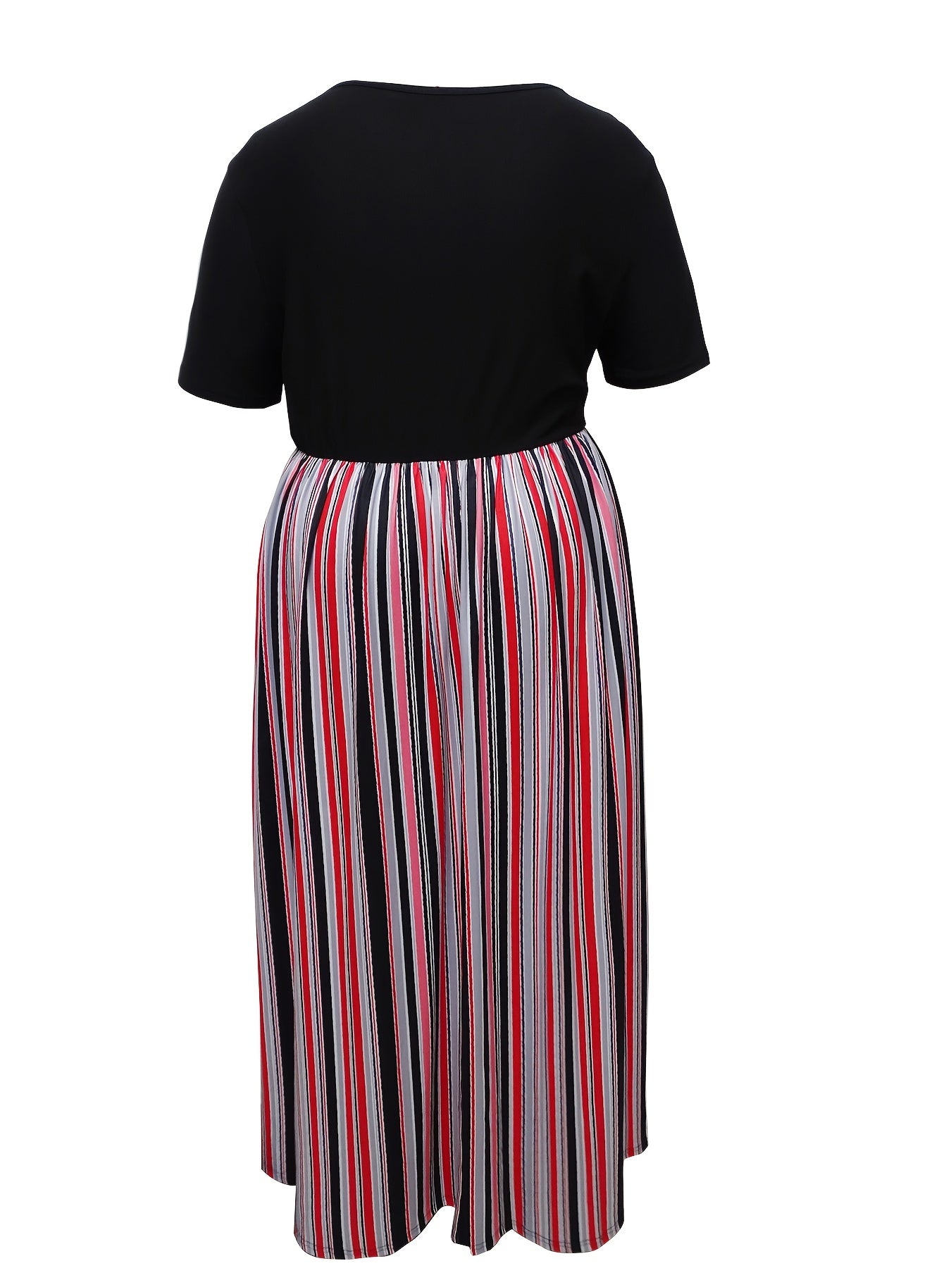  Colorblock Stripe Print Short Sleeve Round Neck Maxi Dress