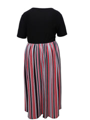  Colorblock Stripe Print Short Sleeve Round Neck Maxi Dress