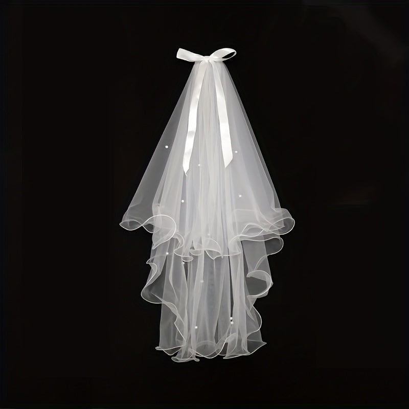 Romantic French Style Double Layer Bridal Veil with Beaded Bow