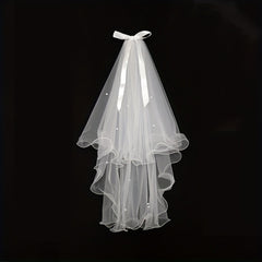Romantic French Style Double Layer Bridal Veil with Beaded Bow