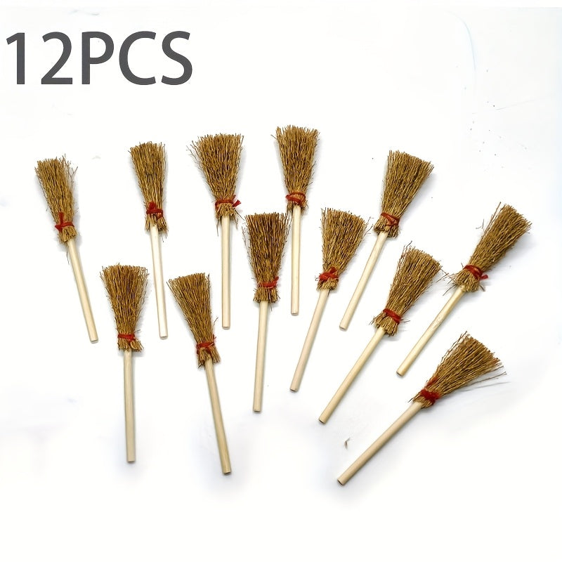 12pcs Mini Bamboo Brooms Red Ribbon Craft Decor Halloween Party
