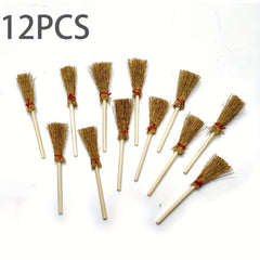 12pcs Mini Bamboo Brooms Red Ribbon Craft Decor Halloween Party