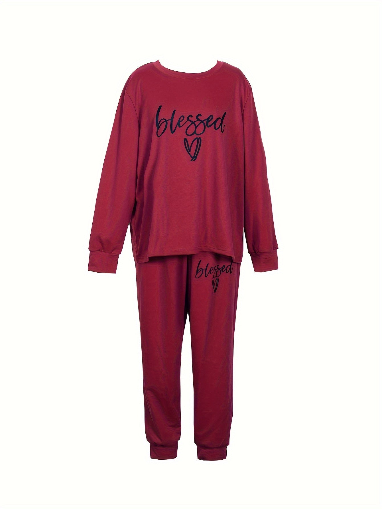 Women's Plus Heart Print Long Sleeve Top & Joggers Outfit Set