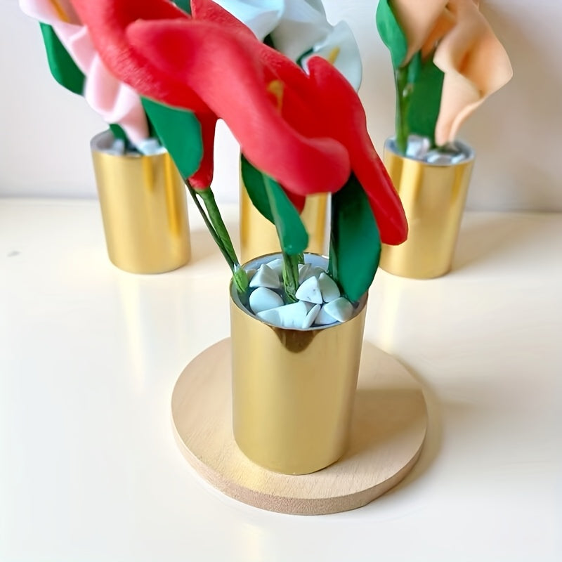 Mini Artificial Flower Potted Plant with Metal Base and Crystals