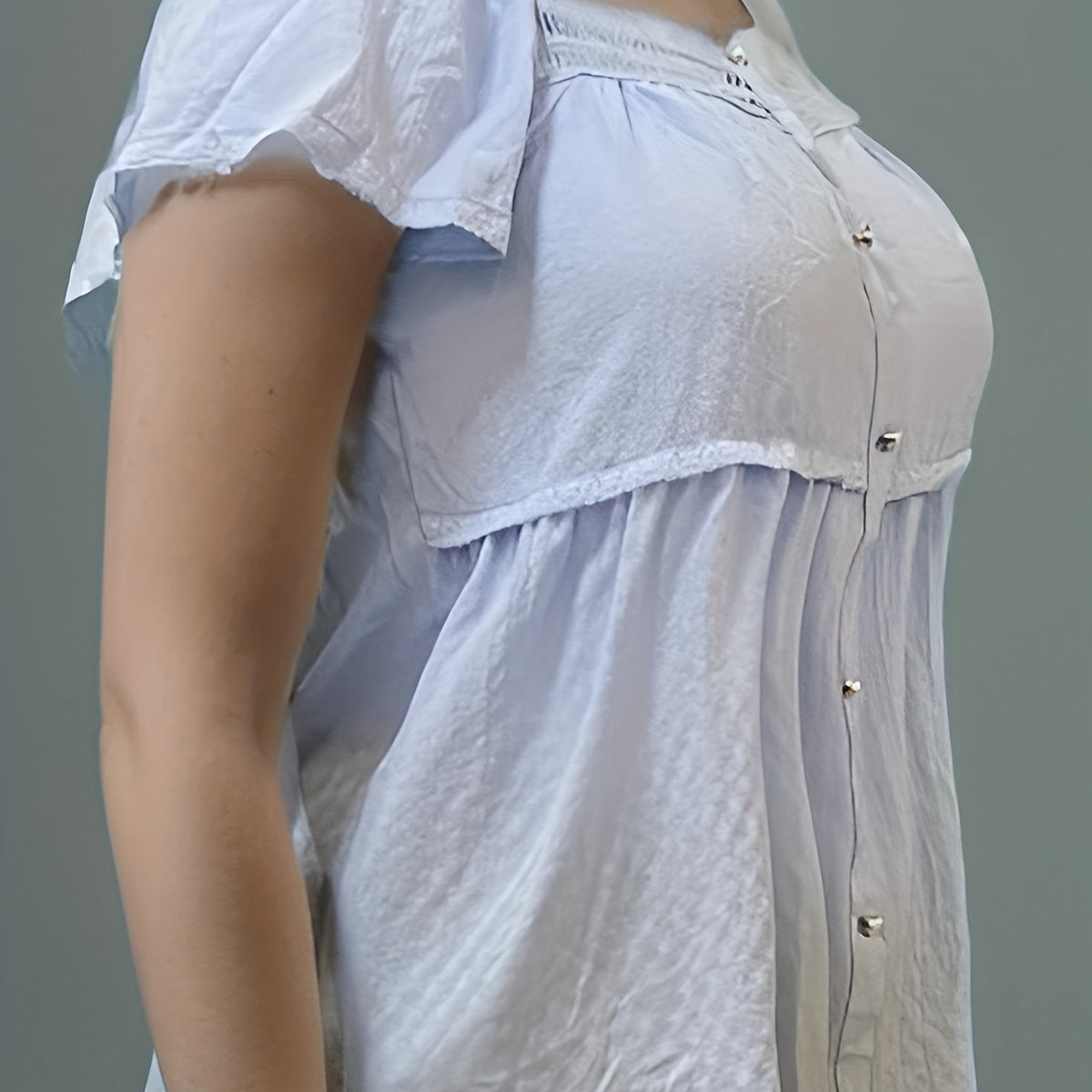  Lace Trim Blouse Short Sleeve Round Neck Top