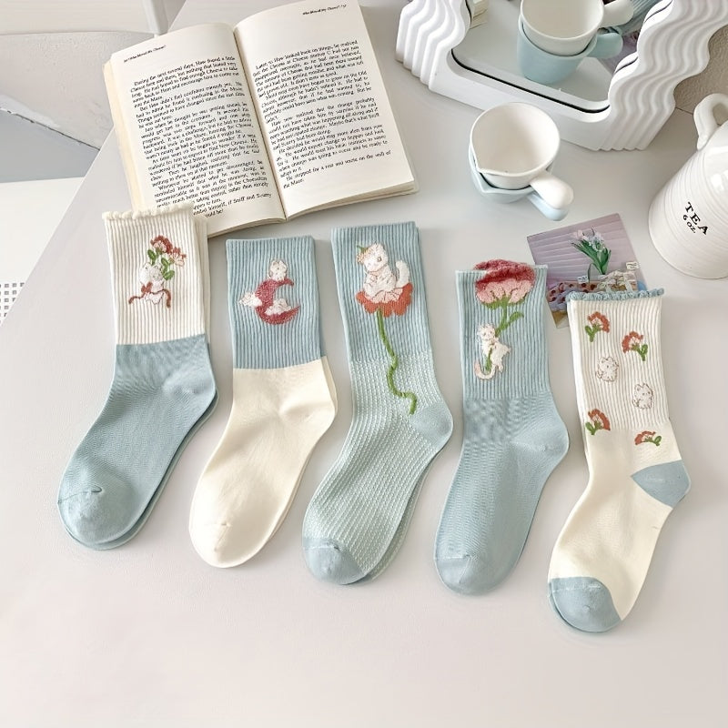 5 Pairs Floral Print Socks Comfy & Breathable Mid Tube Women's Stockings