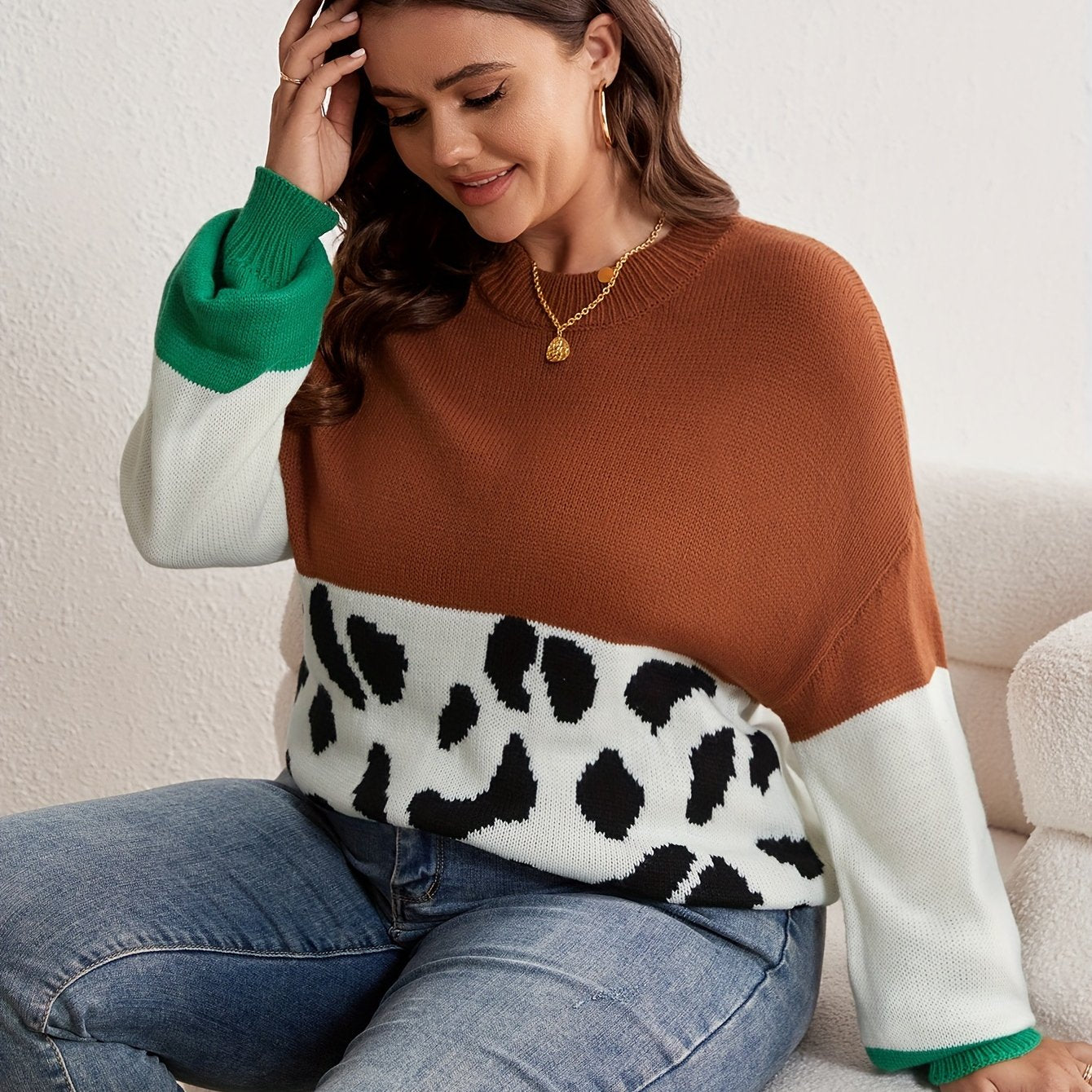  Colorblock Leopard Pattern Sweater