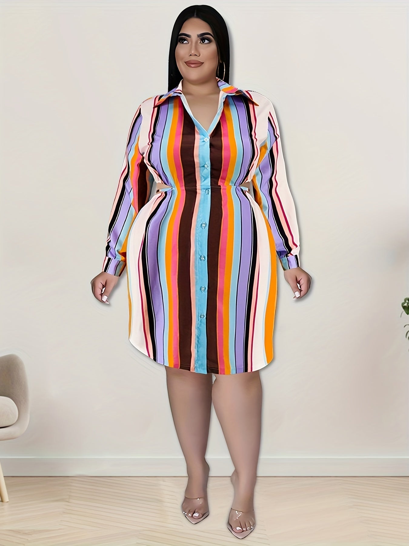  Colorblock Stripe Print Button Up Shirt Dress