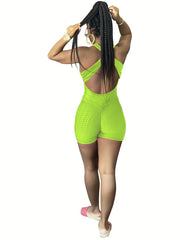 Solid Slim Cross Backless Romper Jumpsuit Casual Sleeveless Romper Jumpsuit