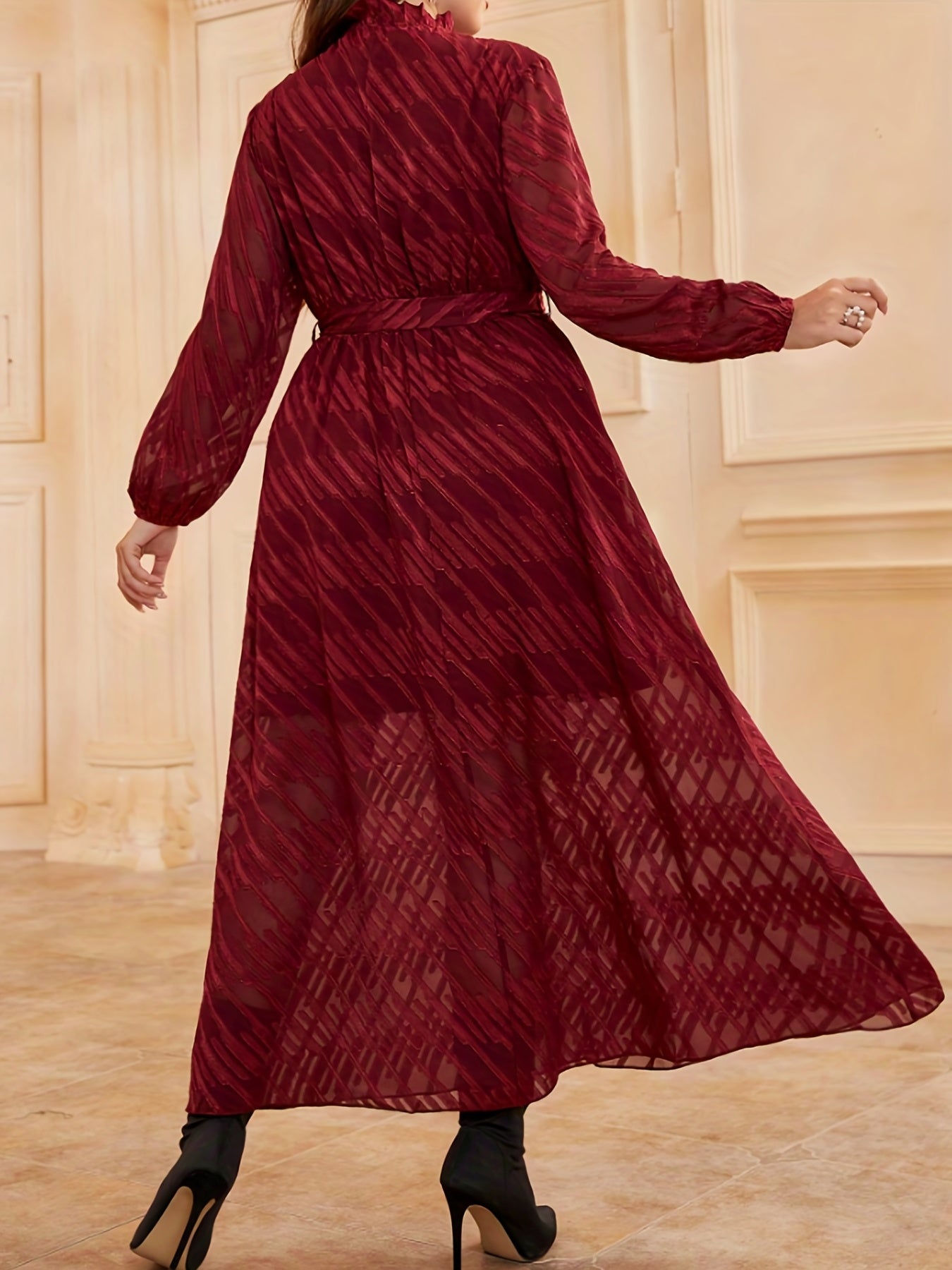  Women's Striped Lantern Sleeve Dress With Belt