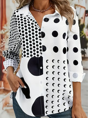  Colorblock Dot Moon Print Long Sleeve Button Up Shirt