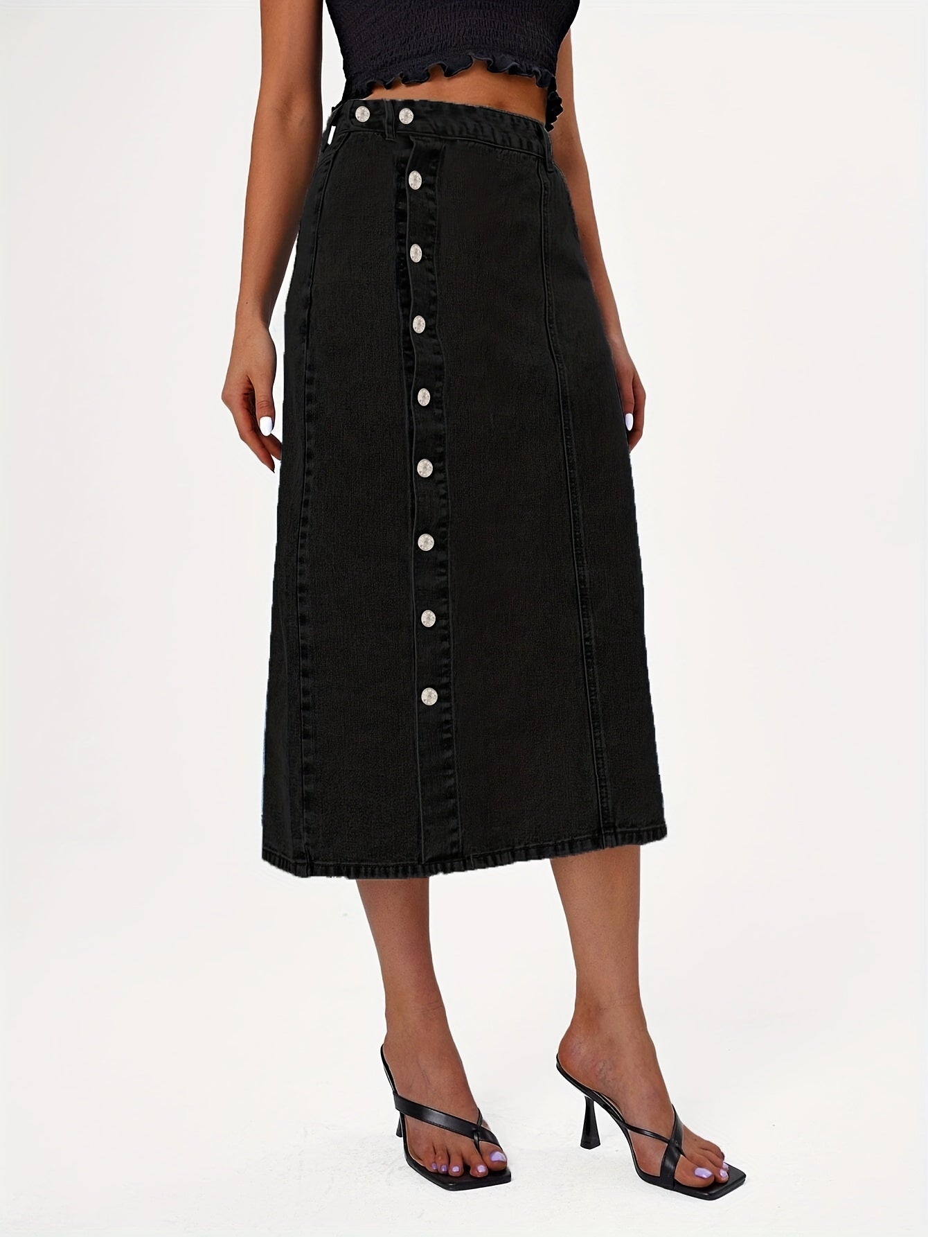 High Waist Button Fly Denim Skirt