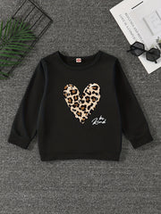 Leopard Heart Graphic Round Neck Pullover For Girls