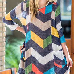  Colorblock Geometric Print Long Sleeve Mini Dress