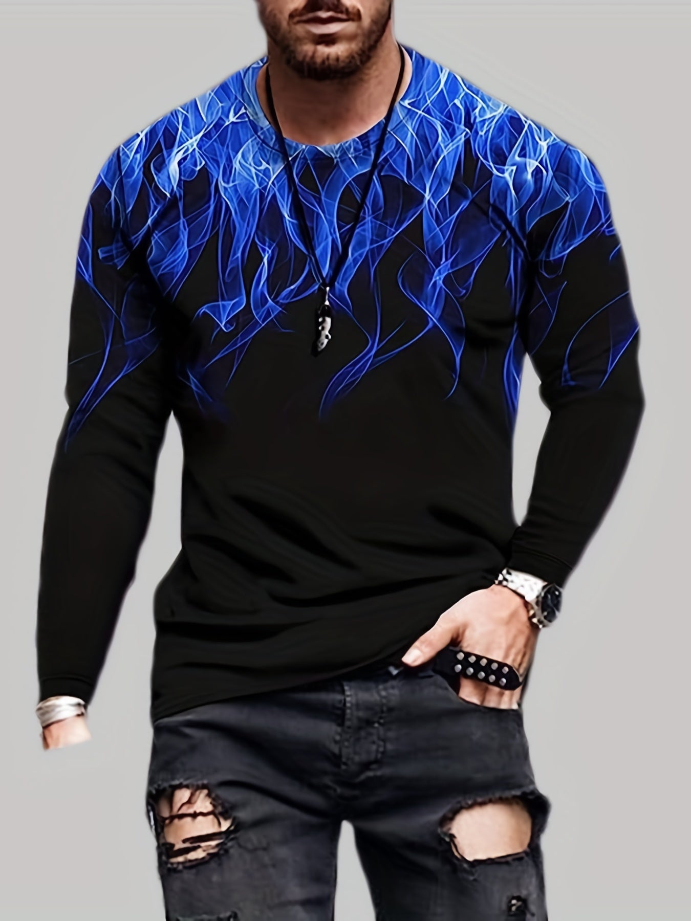 3D Fire Print Men's Graphic Long Sleeves T shirt