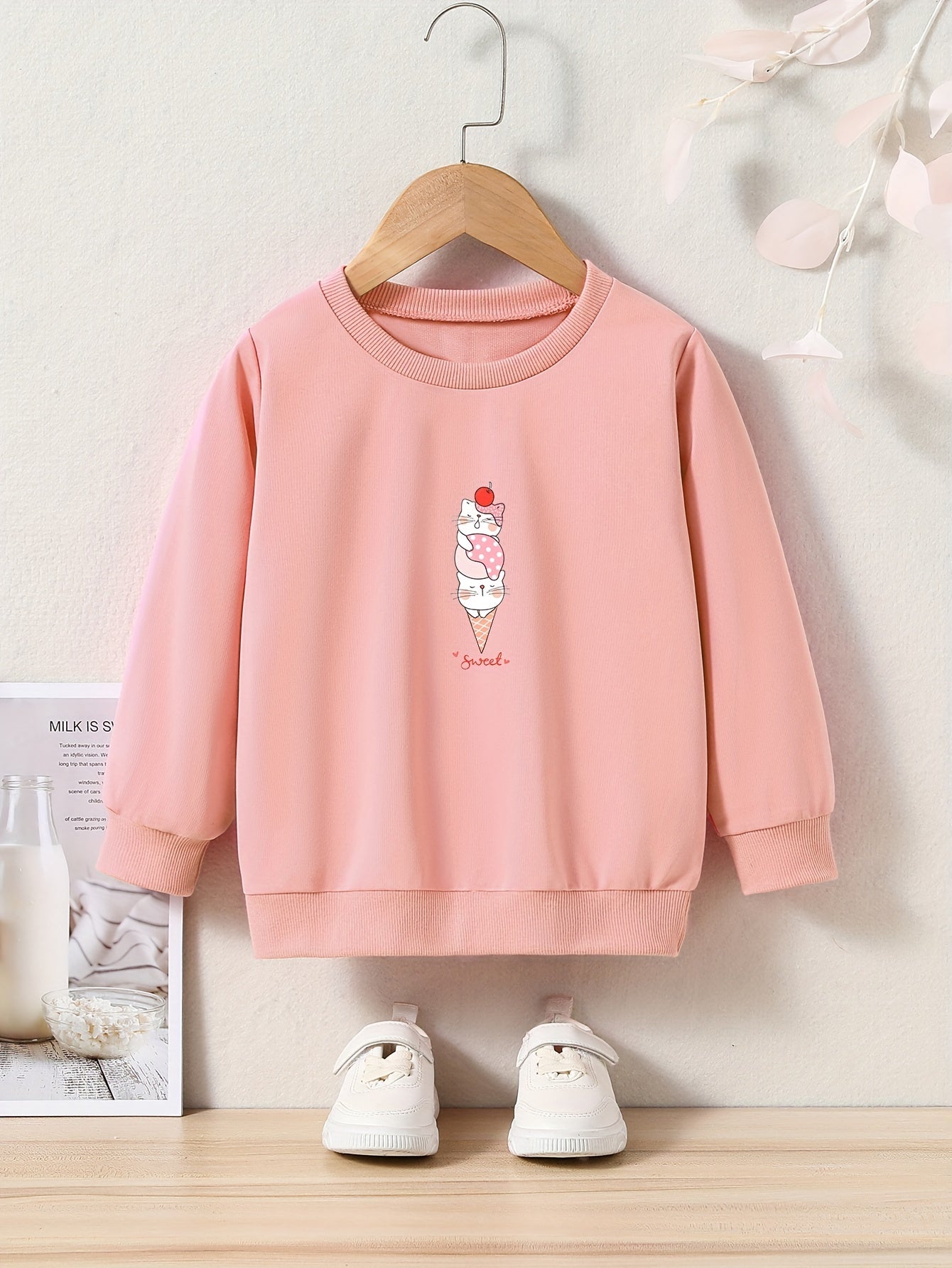 Cat Ice Cream Print Girls Casual Sweatshirt Crew Neck Tops Kids Fall Winter