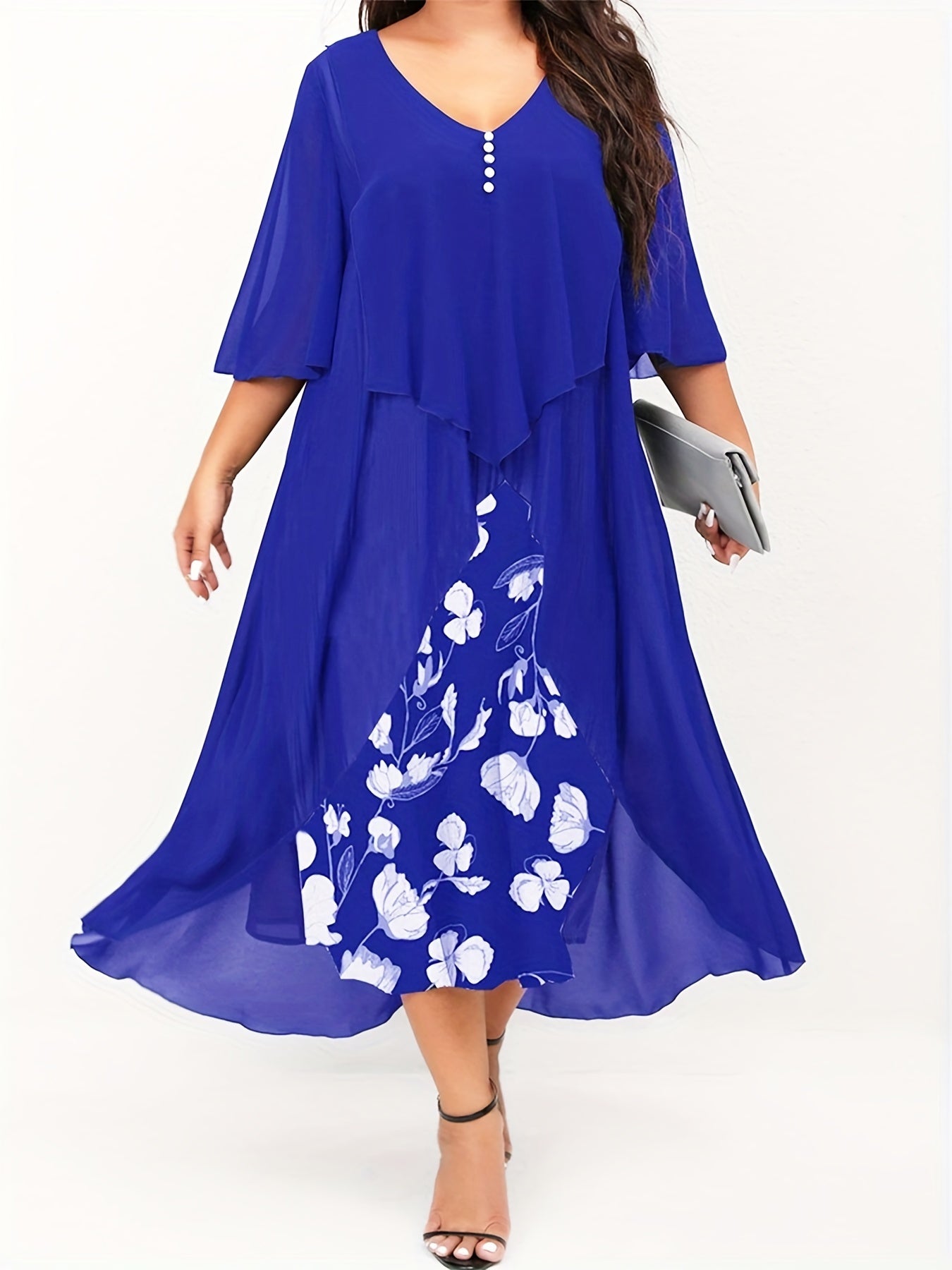  Women's Floral Print Layered Cloak Dress