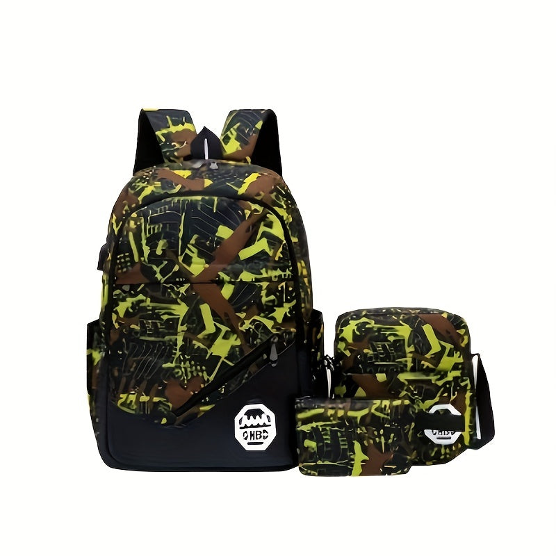 Men's Backpack Student Bag 3-Piece Set Outdoor Travel Mountaineering Bag