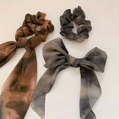 Smudged Ribbon Hair Tied Bun Ponytail Braided Rope Bow Scrunchie Accessories