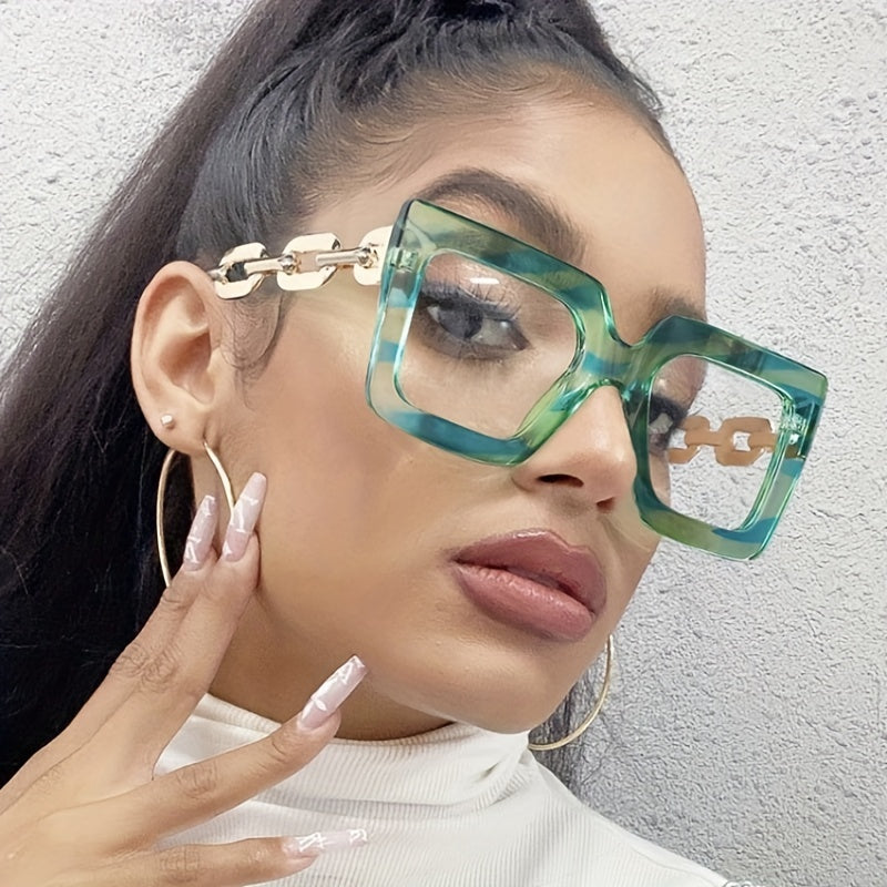 Square Clear Lens Glasses Y2K Chain Temple Anti Light Eyewear