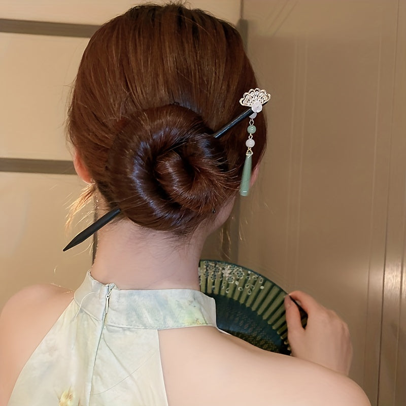 Chinese Style Fan Shape Decor Hairpin Wooden Hair Stick Ponytail Holder