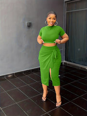 Casual 2pc Short Sleeve Top & Split Skirt Set