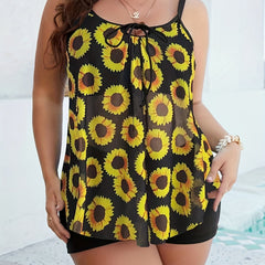  Sunflower Print Mesh Cami Top & Shorts Swimsuit Set