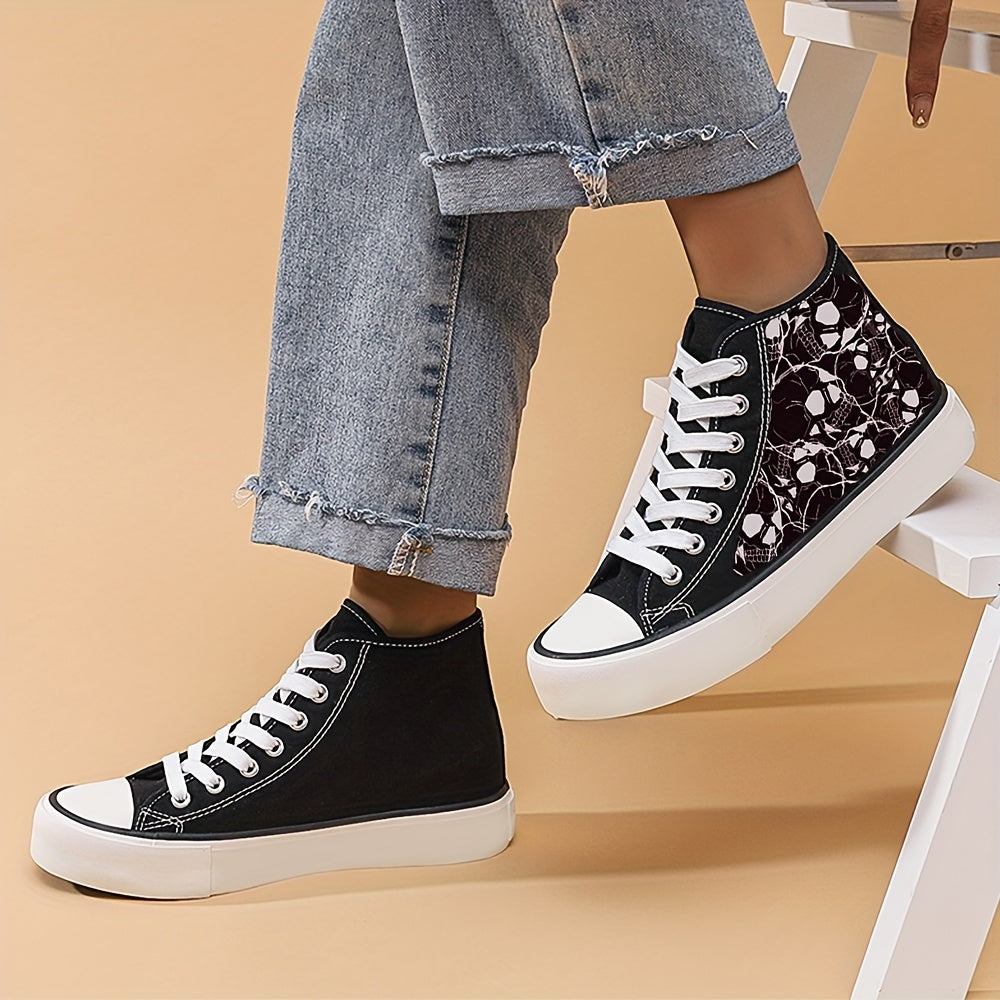 Skull Print High Top Canvas Sneakers Lace Up Skate Shoes