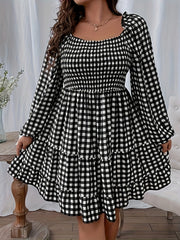  Gingham Print Lantern Sleeve Square Neck Dress