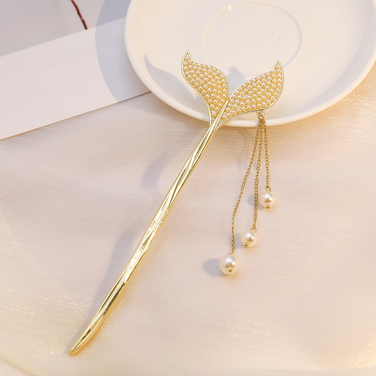Fishtail Tassel Hair Pin Faux Pearl Rhinestone Golden Cheongsam Chignon Pins
