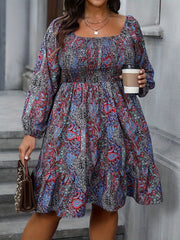  Boho Paisley Floral Lantern Sleeve Dress