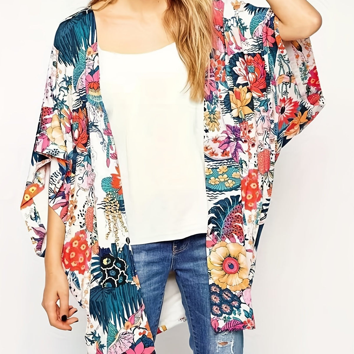 Floral Print Chiffon Kimono Cover Up Soft Loose Beach Cover Up Top