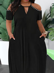  Sexy Dress Women's Plus Solid Beaded Decor Cold Shoulder Cut Out Front