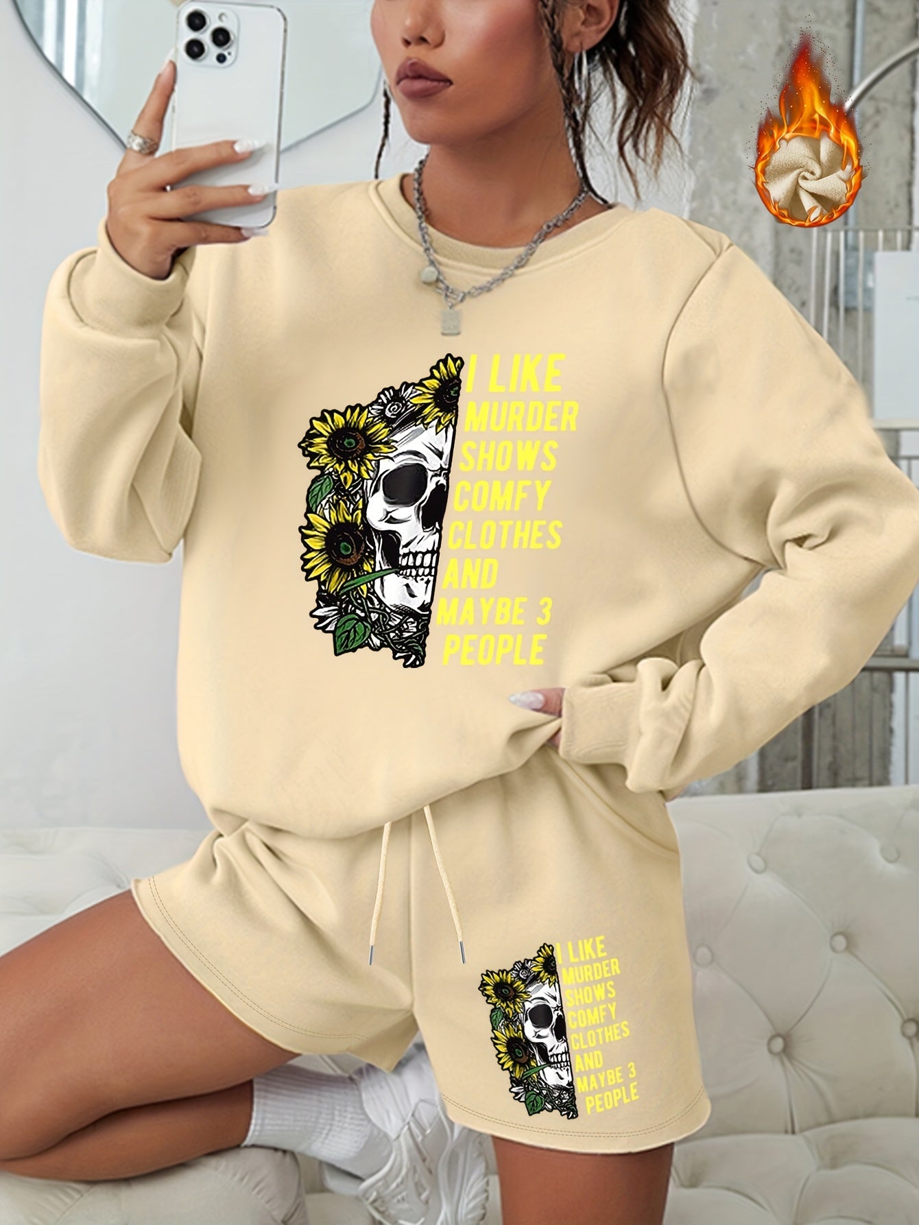  Halloween Graphic Print Sweatshirt & Shorts 2pcs Set