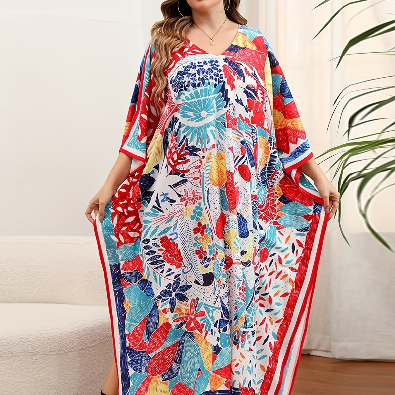  Boho Cover Up Women's Plus Tribal Print Bat Sleeve V Neck