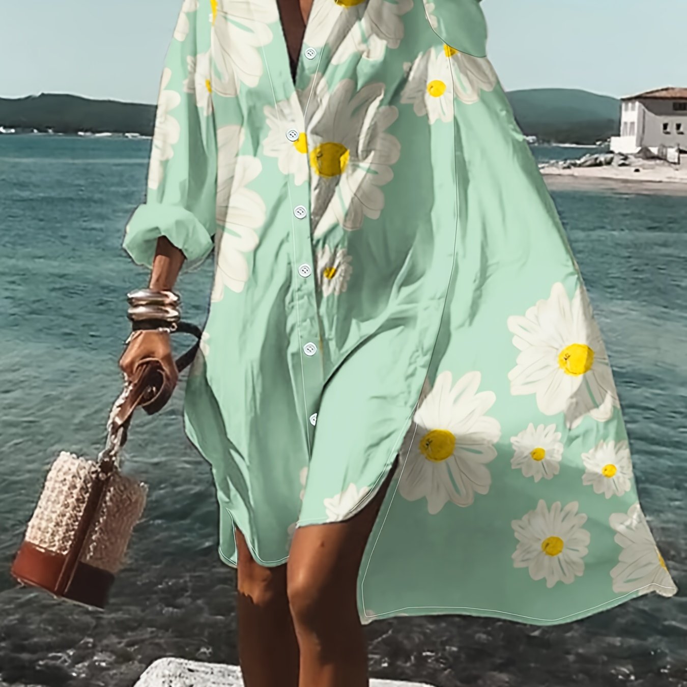  Daisy Print Button Up Long Sleeve Shirt Dress