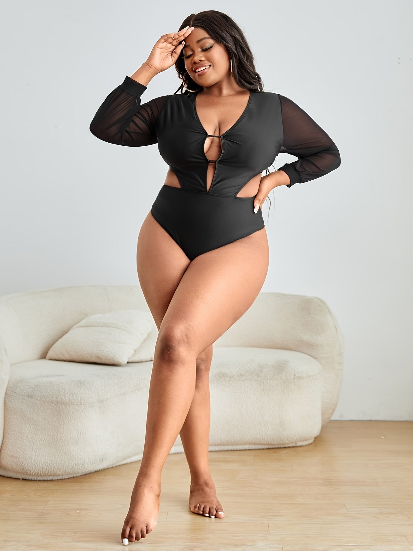  Sexy One Piece Swimsuit Women's Plus Contrast Mesh Cut Out
