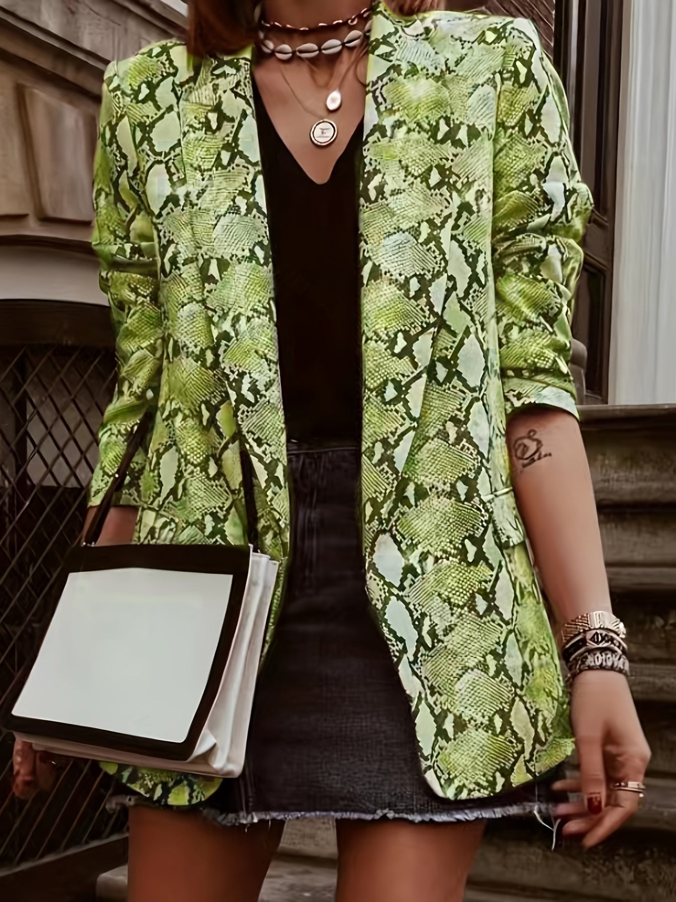  Casual Snake Pattern Blazer Open Front Long Sleeve Slim Fit