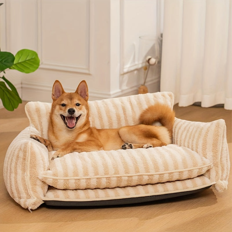 Striped Lambswool Double Layer Dog Sofa Bed