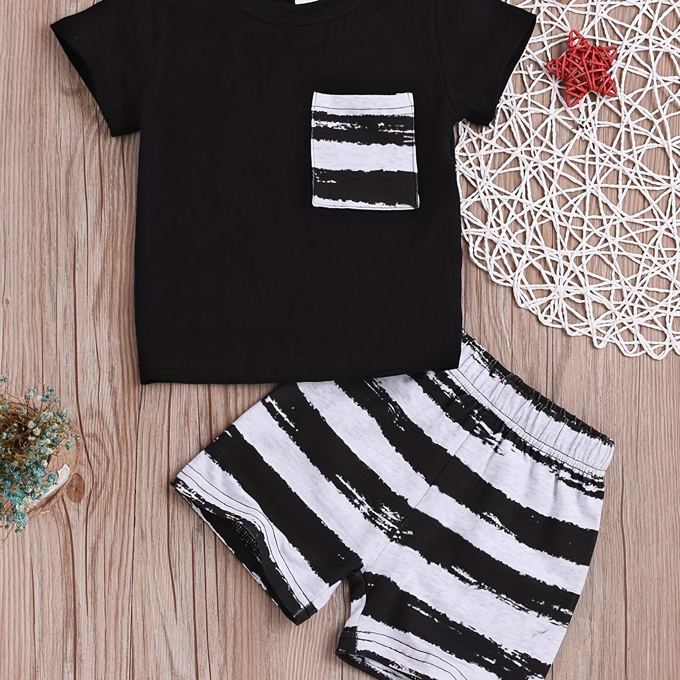 Summer Baby Boy's Casual Outfit Top & Striped Shorts Set