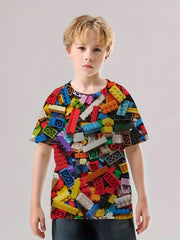Boys' 3D Building Blocks Graphic T Shirt Active Stretchy Tee
