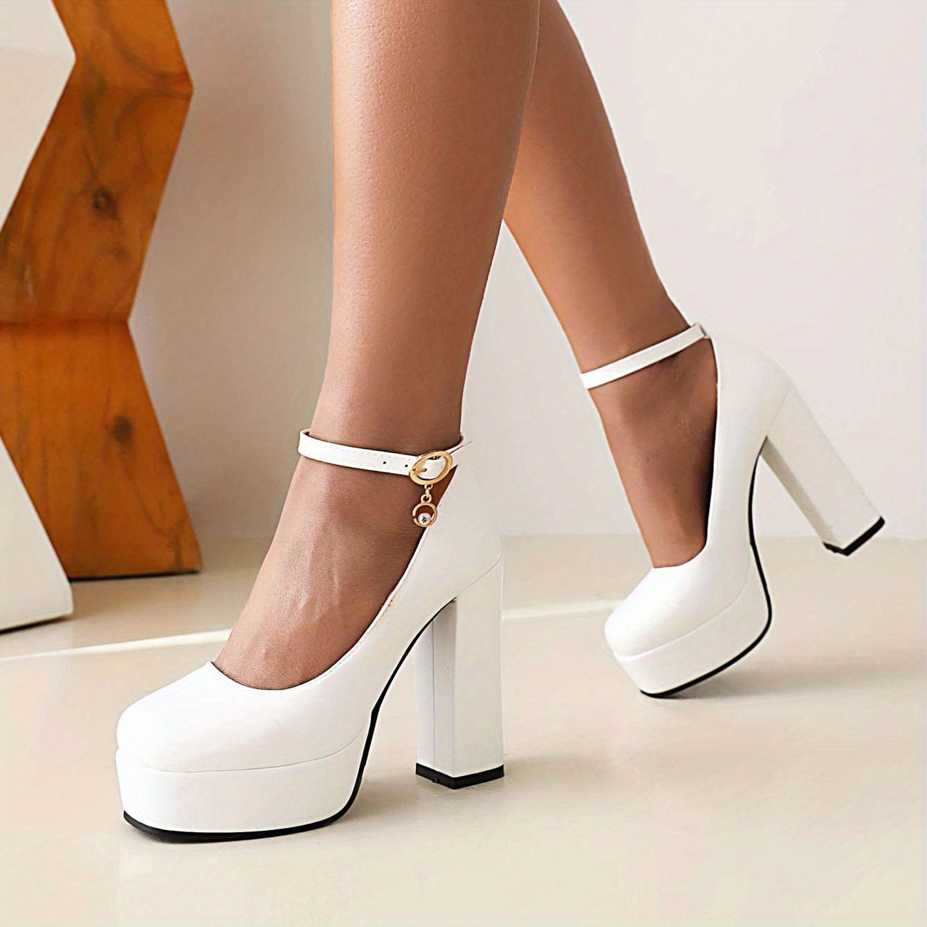 Block Heel Buckle Platform Pumps Dress Heels