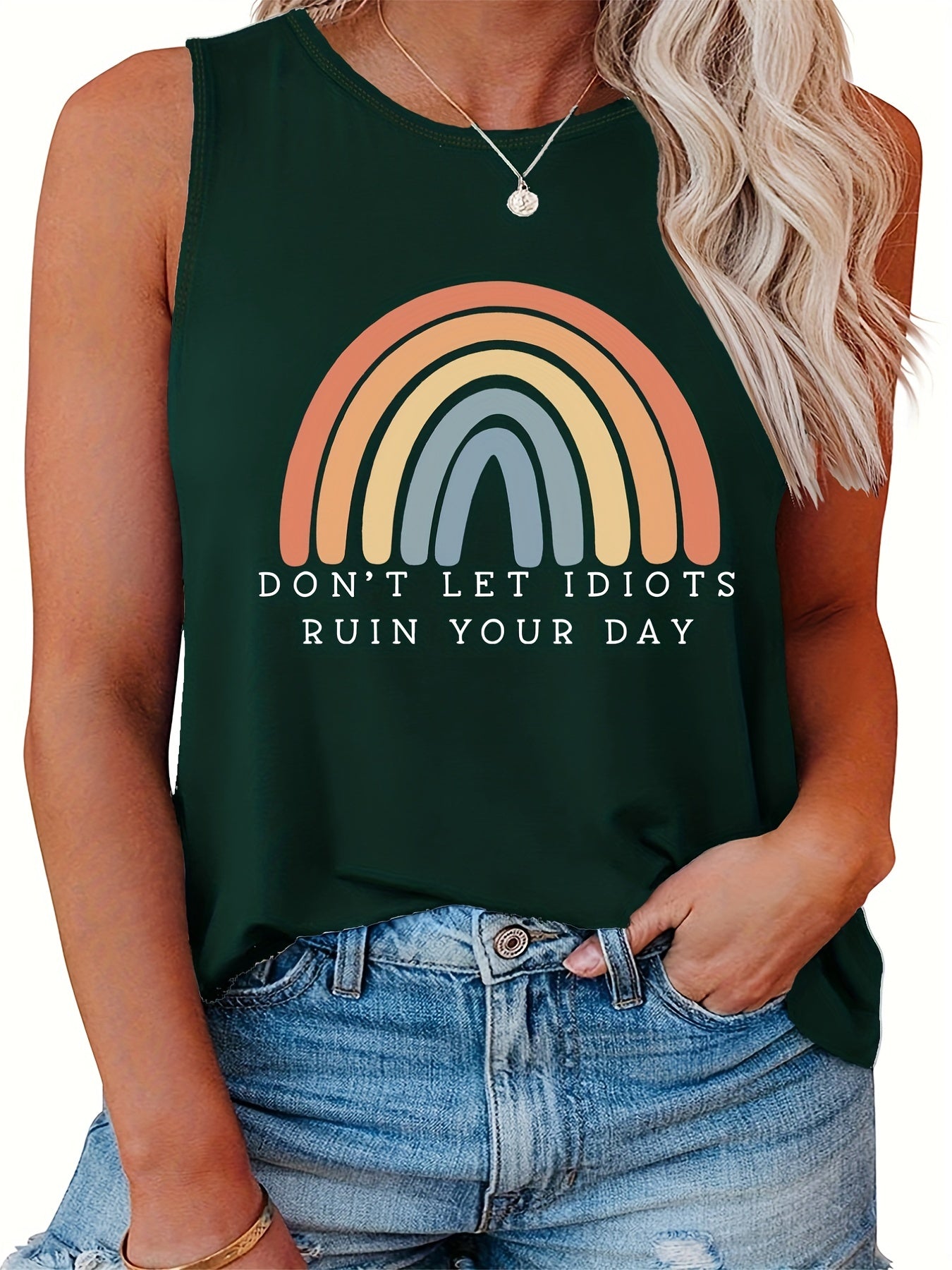  Casual Tank Top Women's Plus Letter & Rainbow Print