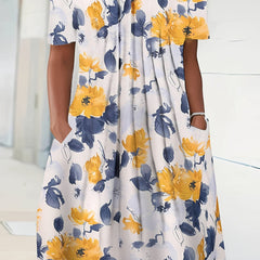  Floral Print Short Sleeve Round Neck Dress With Pockets
