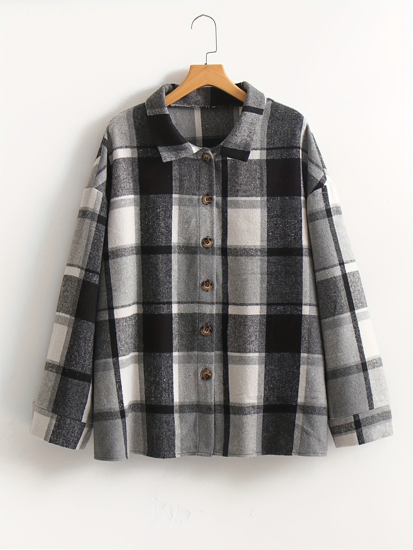  Plaid Print Long Sleeve Button Up Collar Shirt