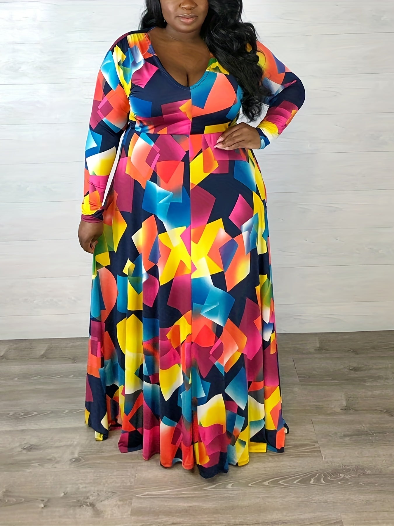  Geometric Print V Neck Long Sleeve Maxi Dress Women's Plus